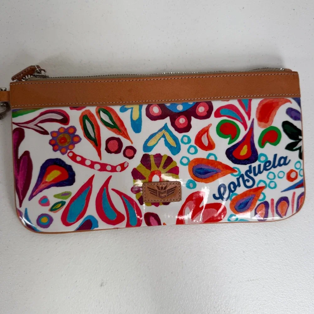 Consuela White Swirly Legacy Wristlet Clutch Wallet Floral Striped Leather Trim